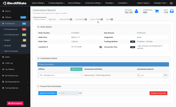 idevaffiliate commission management